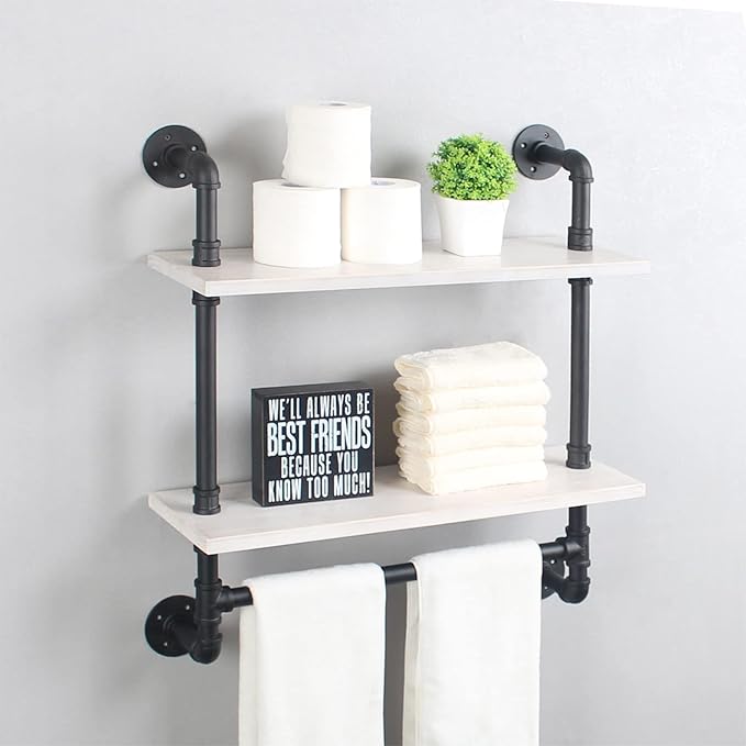 MBQQ Iron Pipe Shelves Industrial Bathroom Shelves with Towel bar,24in Rustic Metal Pipe Floating Shelves Pipe Wall Shelf,2 Tier Industrial Shelf Wall Mounted,Black & White
