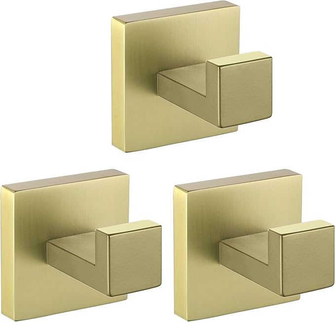 LANC 3-Pack Towel Hooks for Bathroom Wall Hooks, Brushed Gold Coat Hooks Heavy Duty Stainless Steel Hand Towel Hangers, Square Robe Hook for Bathroom Kitchen Garage Hotel, A8805BG-P3