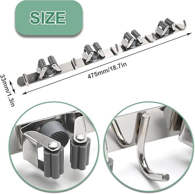 Broom Holder Wall Mount, Stainless Steel Mop and Broom Organizer, Heavy Duty Storage Rack with 4 Racks 5 Hooks for Garage Kitchen Laundry Room Garden Bathroom(Gray)