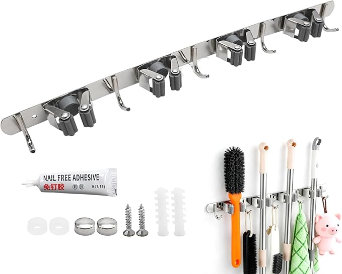 Broom Holder Wall Mount, Stainless Steel Mop and Broom Organizer, Heavy Duty Storage Rack with 4 Racks 5 Hooks for Garage Kitchen Laundry Room Garden Bathroom(Gray)