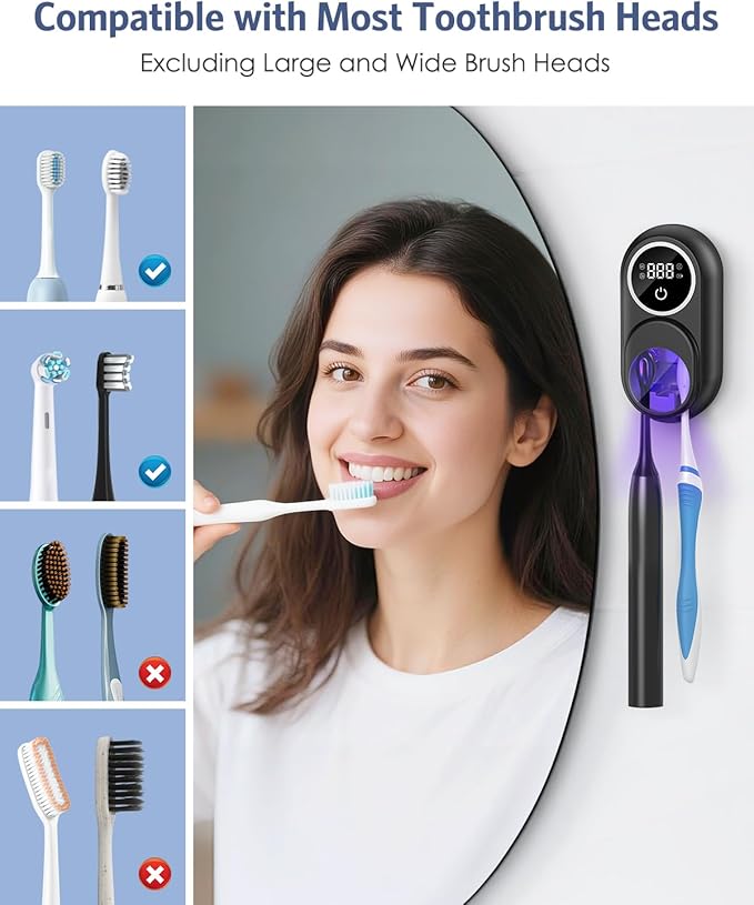 Toothbrush Sanitizer Holder, Upgraded UV Toothbrush Holder with Dual-Mode Clean & Fan Dry, LED Smart Screen, Auto-Inductive Cover, Toothbrush Wall Mounted Cleaner Organizer for Bathroom, Trip