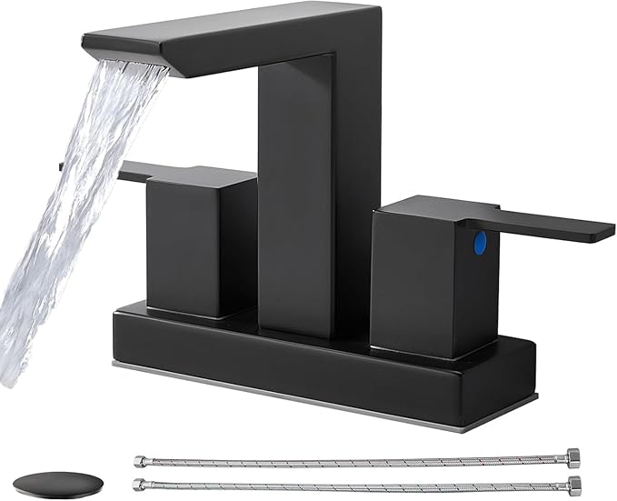IKEBANA Matte Black Waterfall Bathroom Faucet, 4 inch 2 Handle 304 Stainless Steel Bathroom Sink Faucet, Modern Waterfall Spout Lead-Free Sink Faucets with Pop-up Drain and Supply Hoses