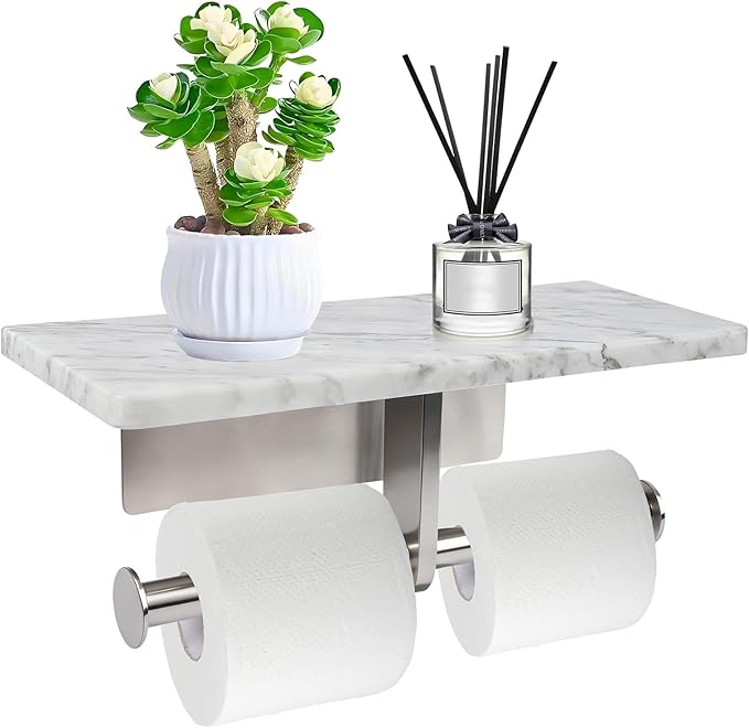 Toilet Paper Holder with Natural Marble Shelf for Bathroom Washroom,Wall Mounted Tissue Holder Suitable for Mega Roll (Brushed Nickel, Large 11.8 * 4.7)