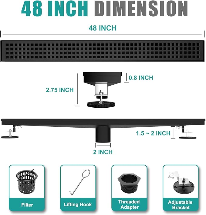 48 Inch Linear Drain Shower Rectangular Floor Drain with Removable Square Hole Cover and Hair Catcher, Long Shower Drains 304 Stainless Steel CUPC Certified (Matte Black)