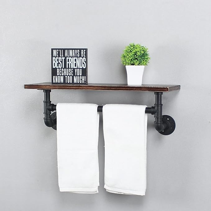 MBQQ Retro Black Shelving Bathroom Pipe Shelves with Towel Bar Over Toilet, 24 inch Pine Wood Floating Shelves for Wall Mounted Bedroom,Kitchen, Farmhouse, Living Room