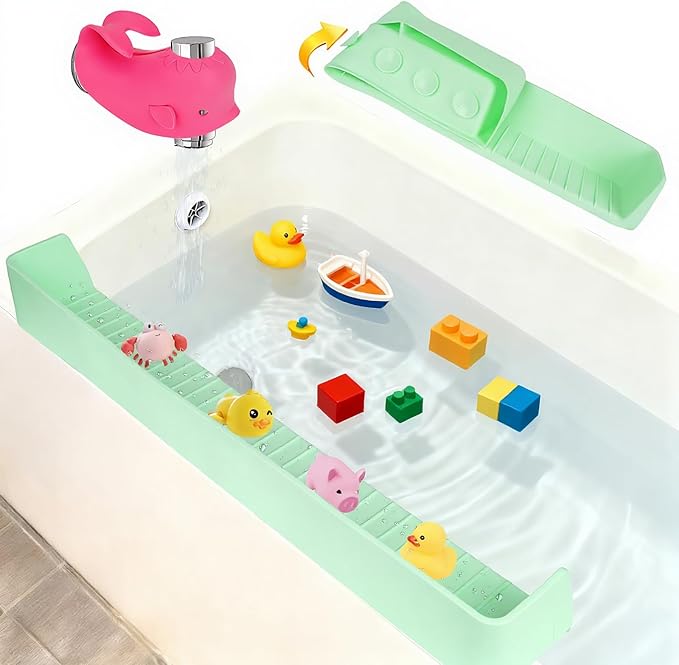 31-Ft Tub Kids Toy Tray Silicone Bathtub Splash Guard with 11 Suction Cups Holder,Soft Silicone Splash Guard for Easy Clean & Fold, Universal for Tub, Bathroom Sink, Kitchen Sink（green）