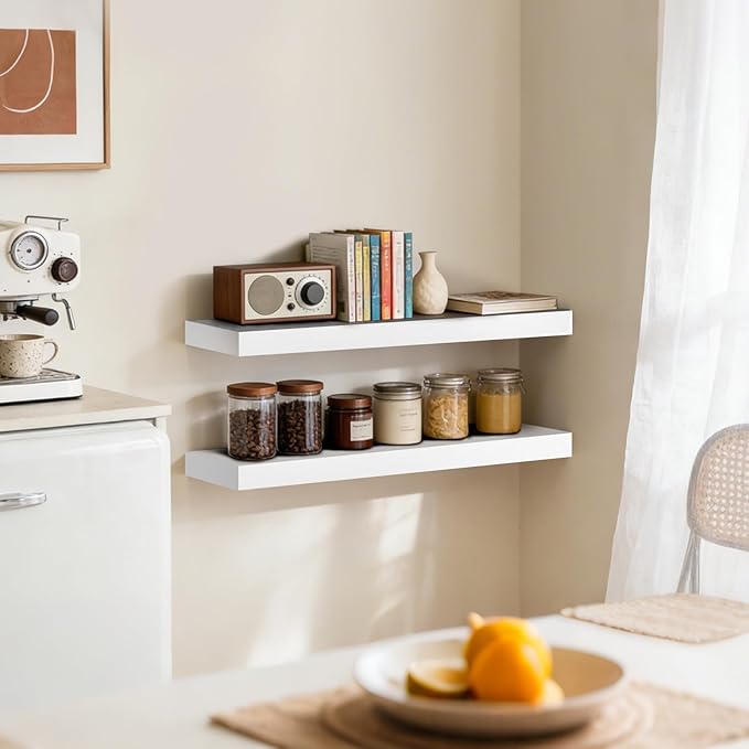 Floating Wall Shelves 24 x 6.8 x 1.7 Inch – Solid Wood Rustic Shelves in White Finish – Wall Mounted Display Shelf for Bathroom, Kitchen, Bedroom – Set of 2