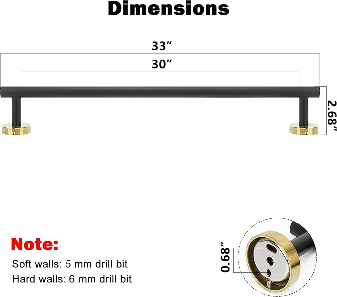 NearMoon Bath Towel Bar, Thicken Stainless Steel Shower Towel Rack Holder Wall Mounted for Bathroom, 33-lnch Overall Length-30-lnch Usable Hanging Space (1 Pack, Matte Black & Gold)