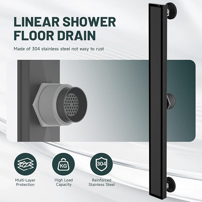 28-Inch Linear Shower Floor Drain, Stainless Steel Bathroom Floor Drains, Rectangular Shower Trench Floor Drain, Hair Strainer, Matte Black
