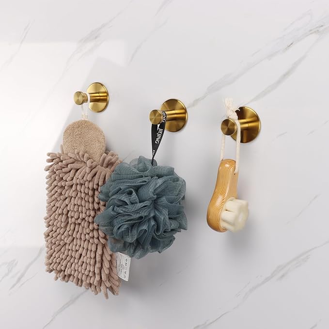 Bath Towel Hooks, 6 Pack Self Adhesive Coat Hooks, Sturdy No Drilling Robe Hook, SUS 304 Stainless Steel Heavy Duty Clothes Hanger, Wall Hooks for Bathroom Bedroom Kitchen (2 in, ‎Gold)