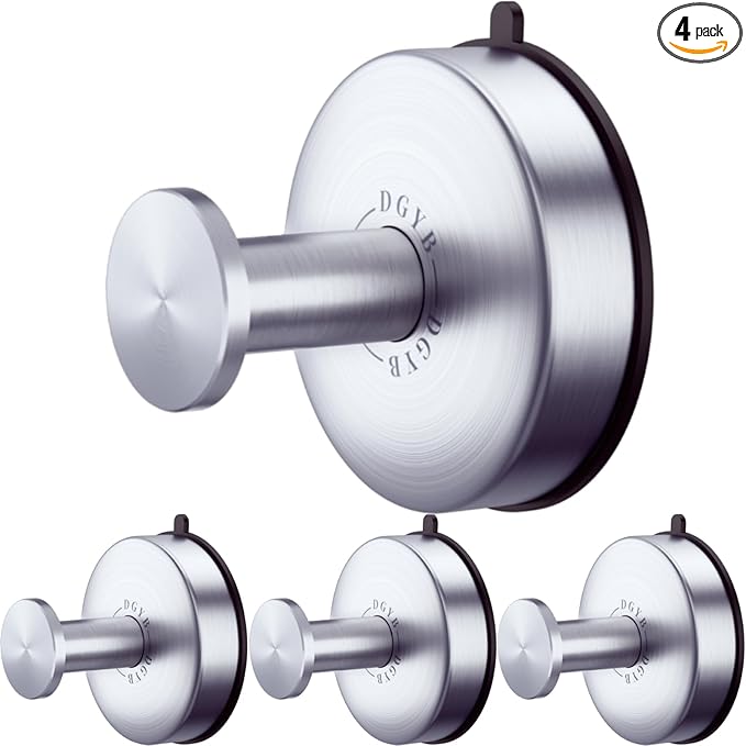 DGYB Suction Cup Hooks Set of 4 Brushed Nickel Towel Hooks for Bathrooms Waterproof Stainless Shower Hooks for Inside Shower 15 Lb Bathroom Hooks for Towels
