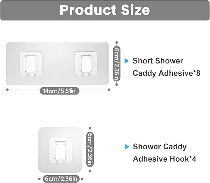 Shower Caddy Adhesive Replacement Flat, Transparent Strong Adhesive Hooks, No Drilling, Waterproof, for Shower Caddy, Bathroom Storage Shelves and Kitchen Racks (Double*8pcs + Single*4pcs)
