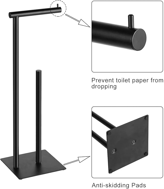 Black Toilet Paper Holder Stand, Bathroom Toilet Tissue Paper Roll Storage Free Standing Tissue Roll Holder Industrial Toilet Paper Dispenser for Farmhouse Washroom