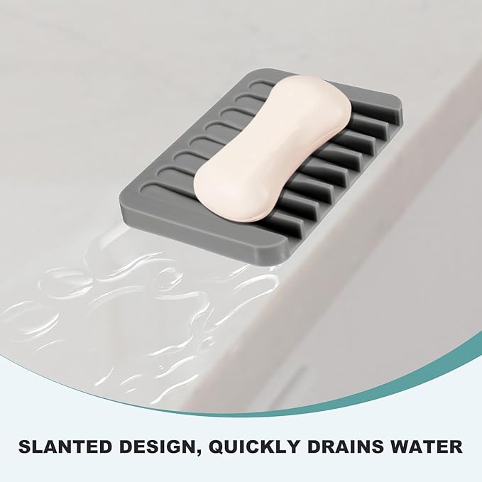 uxcell 2 Pcs Self Draining Silicone Soap Dish, Soap Tray with Drainage for Bathroom Shower Kitchen Sink, 4.5" x 3.1" x 0.4", Dark Grey