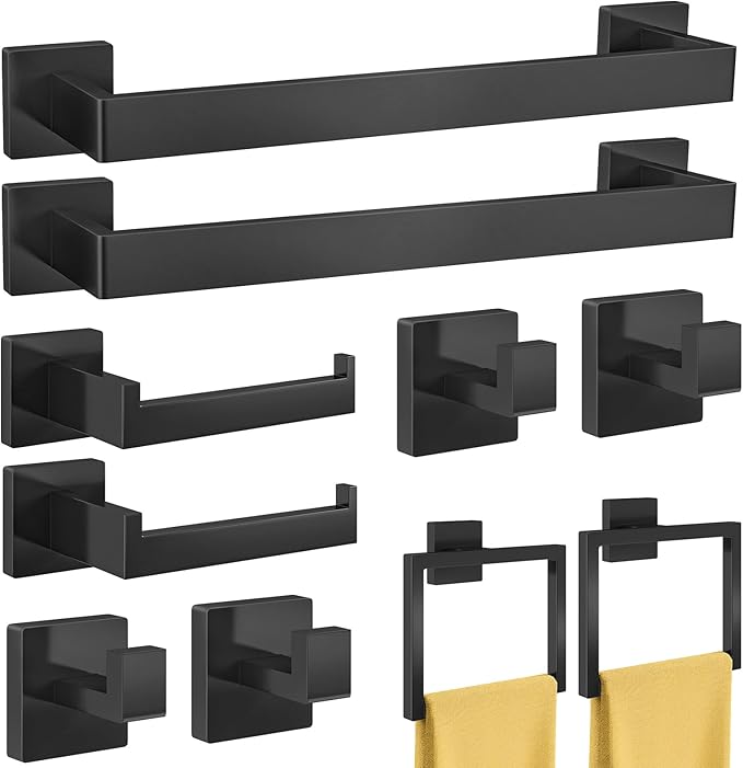 Bathroom Hardware Accessories Set, 10 Piece Black Towel Bar Set Stainless Steel, Towel Racks for Bathroom Wall Mounted Towel Holder Set, 16 inch