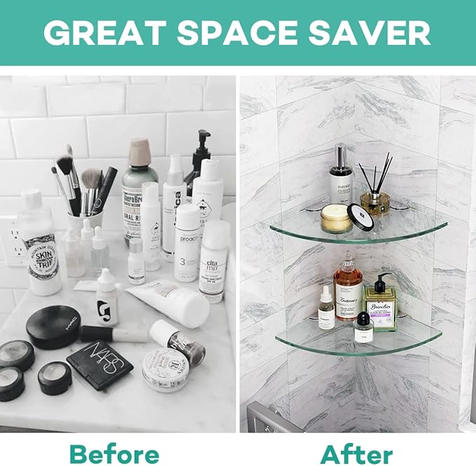 Glass Corner Shelf for Bathroom Corner Shower Shelf Tempered Glass Shelf Shower Organizer Shampoo Holder No Drilling Shower Caddy Corner for Inside Shower 9.4" R