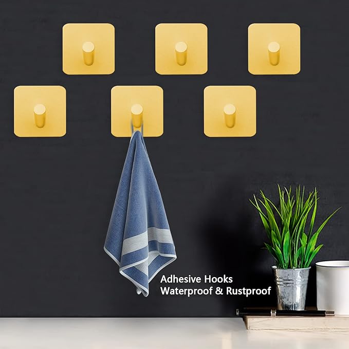 PMMASTO Self-Adhesive Towel Hooks - Sticky Heavy Duty Wall Robe Coat Hook for Hanging- Shower Hooks (Gold, “/ ”Shape 6PC)