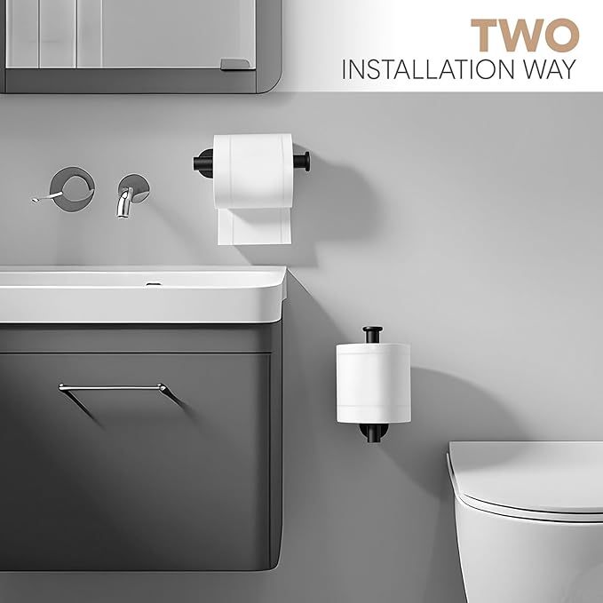 2 Pack Toilet Paper Holder, Adhesive Toilet Paper Holder Wall Mount, Premium Thicken SUS304 Stainless Steel, No Drilling Toilet Paper Stand Roll Holder for Bathroom Kitchen RV, Matte Black