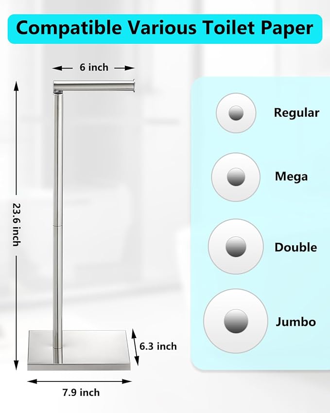 Toilet Paper Holder Stand, Free Standing Toilet Paper Holder with 4 Rolls for Bathroom, Weighted Base Toilet Paper Stand, Chrome