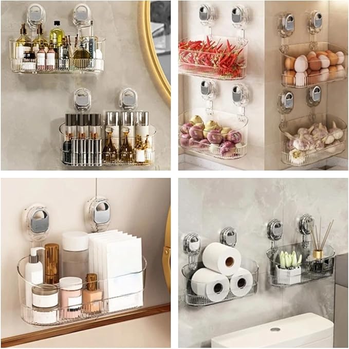 No-Drill Bathroom Suction Storage Box – Large Capacity and Strong Load-Bearing, Removable Hanging Storage Basket (Gray)