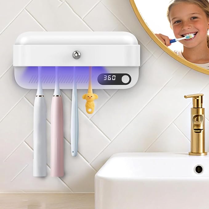 Wall Mounted Toothbrush Holder for Family Bathroom, Electric & Manual Toothbrush Organizer with Active Airflow Drying, Rechargeable, No-Drill Installation