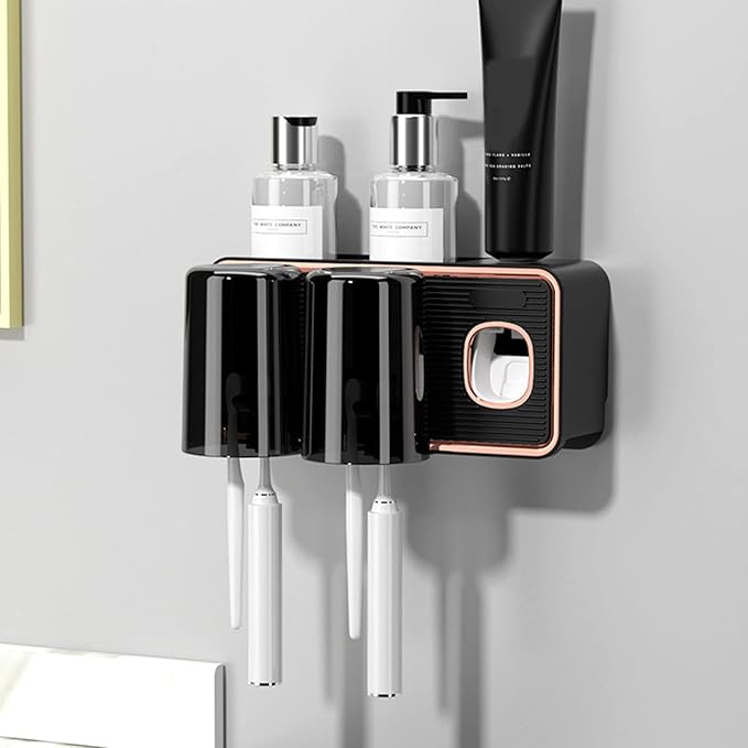Toothbrush Holder with Toothpaste Dispenser, Wall Mounted Tooth Brush Organizer with 2 Brush Slots, Self Adhesive Toothbrush Holder for Shower (Black)