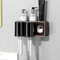 Toothbrush Holder with Toothpaste Dispenser, Wall Mounted Tooth Brush Organizer with 2 Brush Slots, Self Adhesive Toothbrush Holder for Shower (Black)