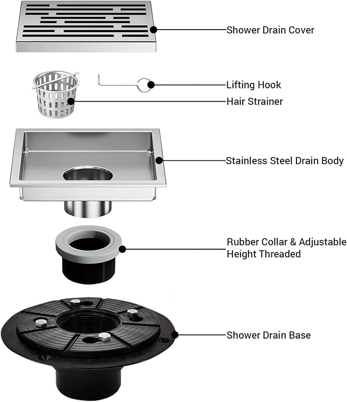 6 Inch Square Shower Floor Drain, Shower Drain Kit with Flange, Square Shower Drain, SUS 304 Stainless Steel Floor Drain,Silver