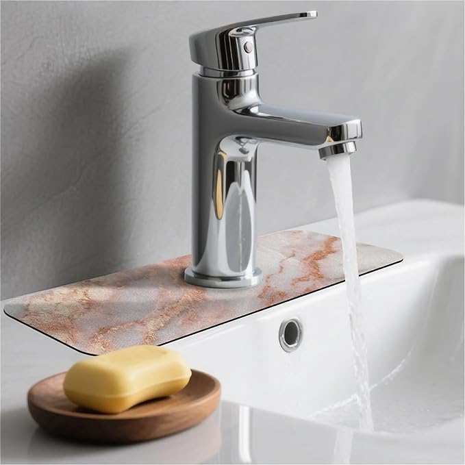 Kitchen Sink Splash Guard，Rose gold white marble Faucet Mat Sink Gadgets-Super Absorbent Fast Drying Mat Drip Catcher for Kitchen, Bathroom,Sink Mat, Dish Drying Mat, Bathroom(15" X 5.5" )