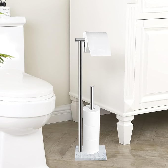 Toilet Paper Holder Stand with Weighted Natural Marble Base, Bathroom Free Standing Toilet Paper Roll Holder with Reserve, Standing Toilet Tissue Holder with Storage (Brushed Nickel, with Storage)