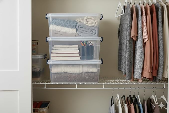 Tribello Clear Storage Bins with Lids, 12-Pack Stackable Plastic Storage Containers for Home Organization – Totes for Closet and Underbed Storage, 21 Quarts