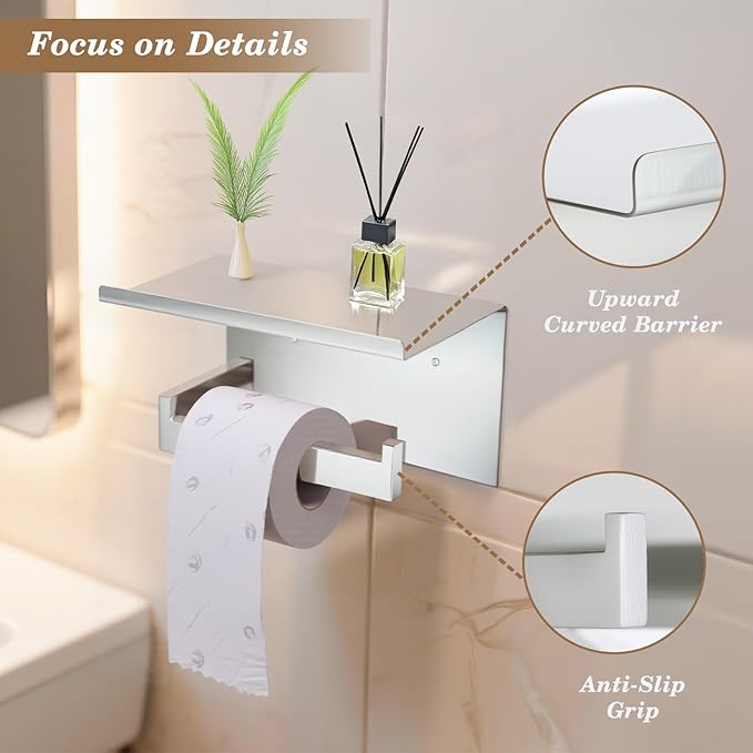 Wall Mounted Toilet Paper Holder with Shelf, Brushed Nickel Bathroom Tissue Roll Holder Storage Organizer for Phone, Book, Plant, Extra Roll, Easy Mount Hardware Included