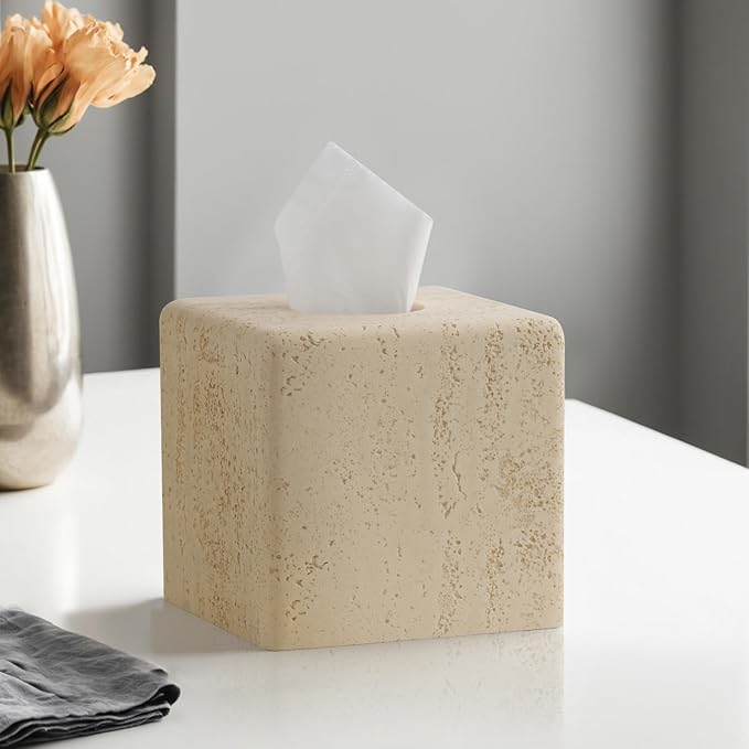 Tissue Box Cover Square, Resin Facial Tissue Holder Covers Toilet Paper Holder Decorative Travertine Paper Dispenser Home Decor for Bathroom Bedroom Living Room Office (Square Yellow)