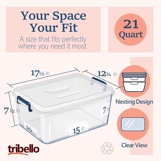 Tribello Clear Storage Bins with Lids, Stackable Plastic Storage Containers for Home Organization – Totes for Closet and Underbed Storage, 21 Quarts