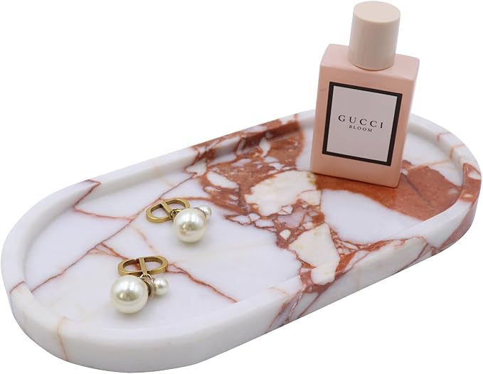 OOBOOB Oval Natural Marble Bathroom Tray for Decor Countertop, Marble Vanity Tray for Candles Perfume, Jewelry, Cosmetics, Elegant Vanity Organizer for Jewelry, Perfume