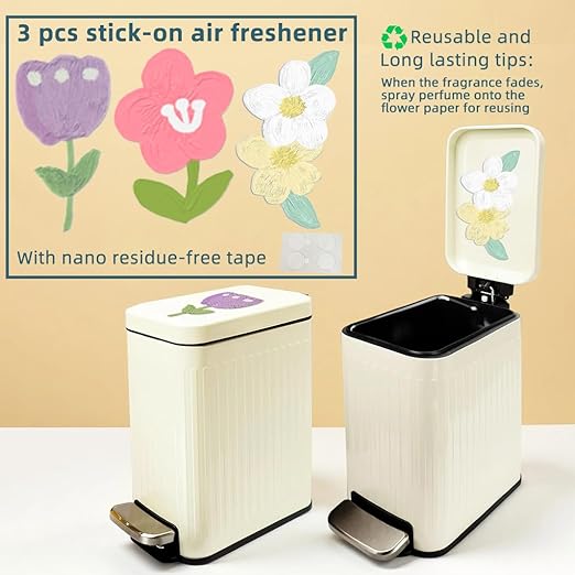 Small Bathroom Trash Can with Lid,6 Liter / 1.6 Gal Slim Trash bin/Step Pedal/Soft Close, Stainless Steel Garbage Can for Bedroom, DlY Air Freshener Sheets/Removable Inner Bucket
