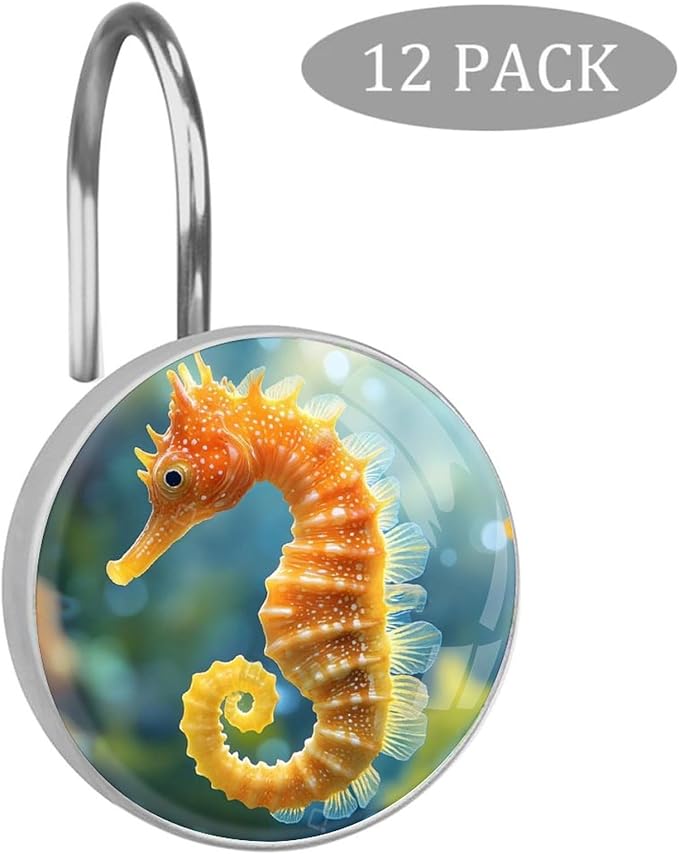 12 Pcs Seahorse Shower Curtain Hooks,Rust Proof Glass Surface Stainless Steel Curtain Rings for Bathroom Bedroom Living Room Kitchen Home Shower Rods Decor