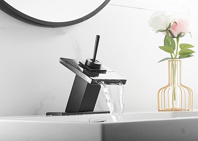 Black Bathroom Sink Faucet Glass Spout Waterfall Single Handle 1or 3 Hole Bath Sink Lavatory Faucet Vanity Basin Mixer Tap with Cover Plate Deck Mount Commercial