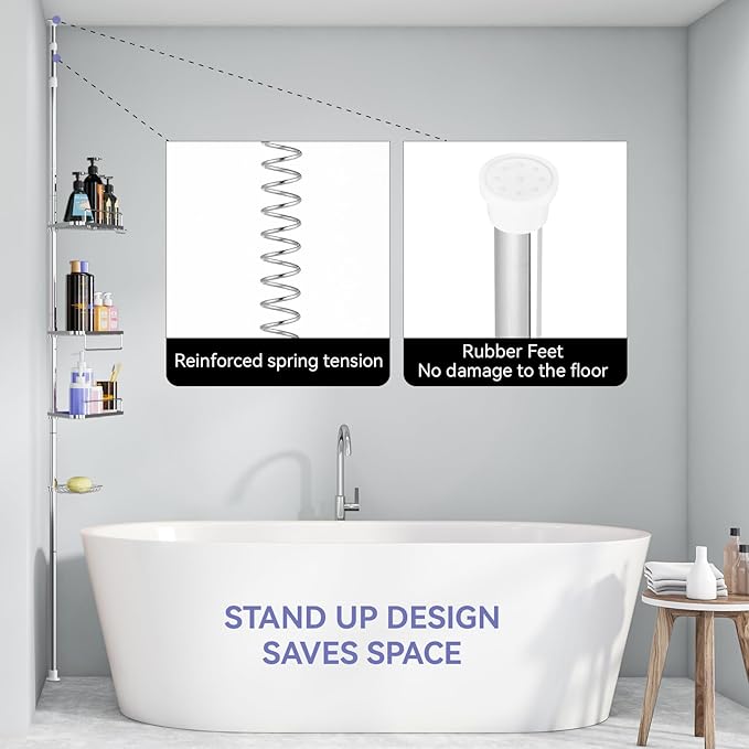 Corner Shower Caddy Tension Pole 59-110 in 4 Tier Rustproof Floor to Ceiling Shower Caddy - Stainless Steel Corner Caddy Shelf for Bathroom Bathtub, Shelves Tension Pole with 3 Towel Bars and 3 Hooks