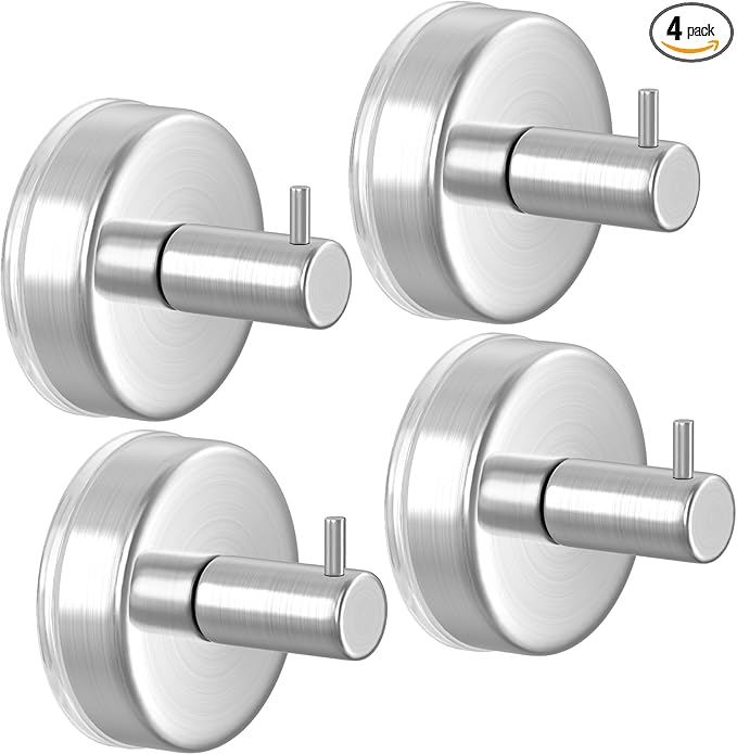 HUFEEOH Suction Cup Hooks for Shower, 4 Pack Removable Towel Holder Wall Hooks for Inside Shower, No Drill Towel Hooks for Bathroom Hanger Wall Mount (Silver)
