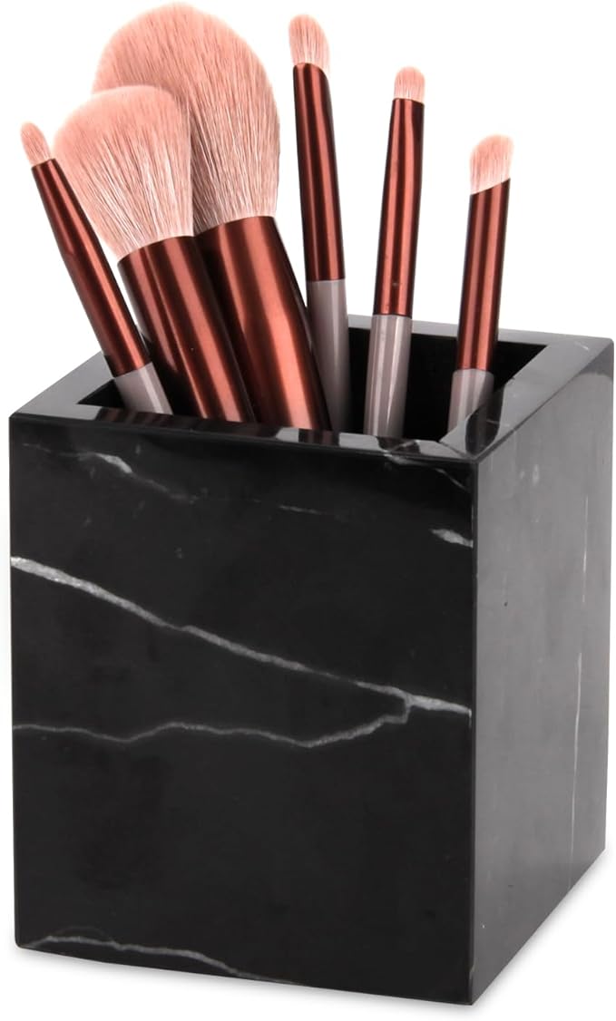 Natural Marble Toothbrush Holder for Bathroom Countertop (8.5x8.5x10cm) - Multifunctional Organizer for Makeup Brushes, Vanity Accessories & Utensils Sink (1, Black Marquina)