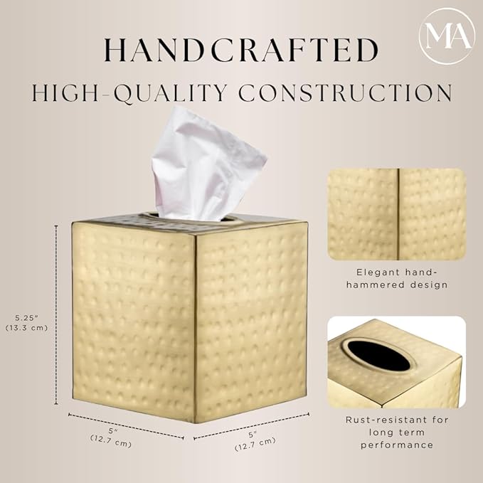 Monarch Abode Tissue Box Cover Square – Hand Hammered Brushed Gold Metal Tissue Holder Box for Bathroom Accessory, Aesthetic Decorative Facial Napkin Cube for Modern Home Decor