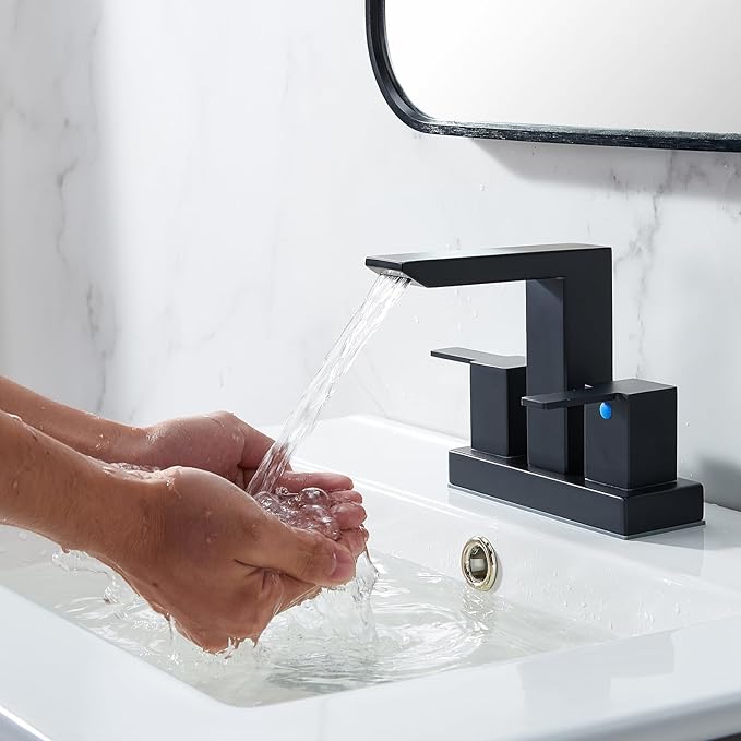 IKEBANA Matte Black Waterfall Bathroom Faucet, 4 inch 2 Handle 304 Stainless Steel Bathroom Sink Faucet, Modern Waterfall Spout Lead-Free Sink Faucets with Pop-up Drain and Supply Hoses