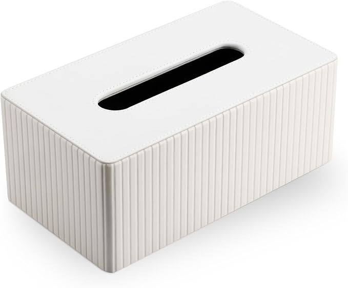 KINGFOM PU Leather Tissue Box Cover Rectangular Tissue Box Holder with Magnetic Bottom, Napkin & Facial Tissue Holder Dispenser for Home, Office (Decorative Pattern-PU Leather, Off-White Stripe)