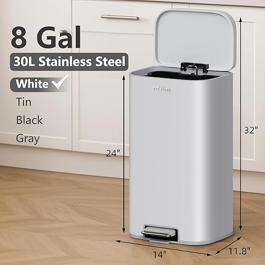 mVm 8 Gal Kitchen Trash Can, Tall Step Trash Can with Lid, Smooth Edge Garbage Bin for Home Office (Cement)