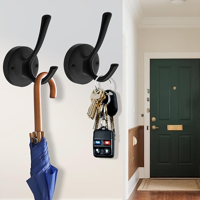 Black Wall Hooks Towel Hooks, 3 Pack Coat Hooks Robe Hook Heavy Duty Metal Double Bath Hook Wall Mounted, Hand Towel Hooks for Entryway Bathroom Kitchen Closet Garage