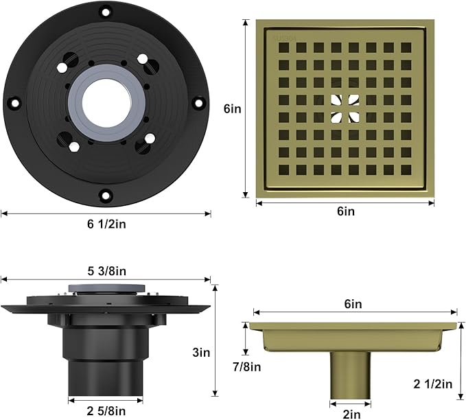 6 Inch Square Shower Drain, Shower Floor Drain with with Removable Square Hole Cover, 304 Stainless Steel Bathroom Drains with Flange (Brushed Bronze)
