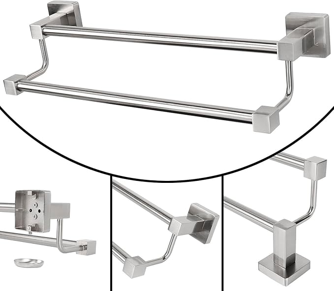 TocTen Double Bath Towel Bar - Thicken SUS304 Stainless Steel Towel Rack for Bathroom, Bathroom Accessories Double Towel Rod Heavy Duty Wall Mounted Square Towel Holder(Brushed Nickel, 16 INCH)