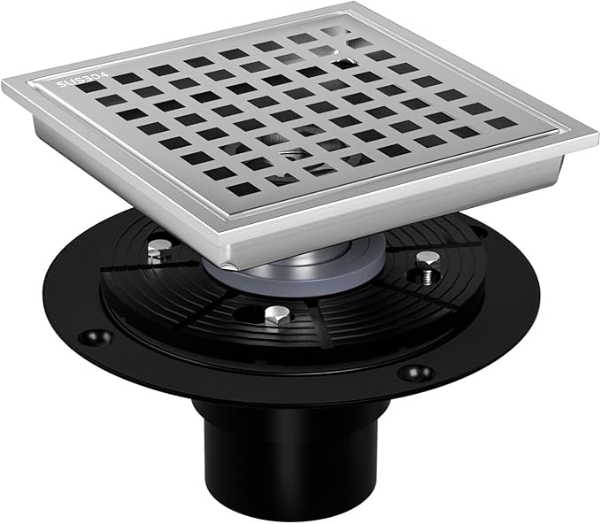 6 Inch Square Shower Drain, Shower Floor Drain with with Removable Square Hole Cover, 304 Stainless Steel Bathroom Drains with Flange (Brushed Nickel)