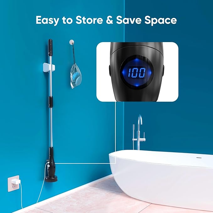 Electric Spin Scrubber, Asknoon Upgraded Power Cordless Shower Scrubber, 8 Replacement Heads, 1.5H Adjustable Bathroom Scrubber 3-Speed Up to 460 RPM with Extension Arm for Bathtub Tile Floor (Black)